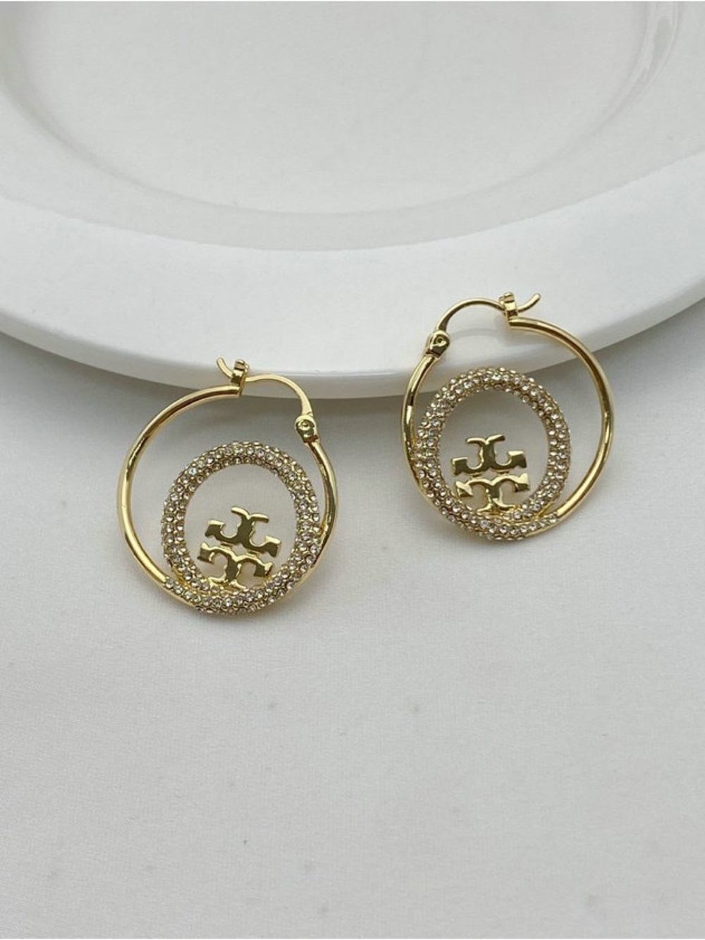 Tory Burch Gold Crystal Logo Hoop Earrings